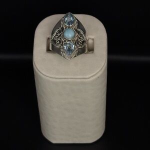 Pear Shape Blue Topaz With Round Cabochon, Larimar Sterling Silver 3-Stone Ring